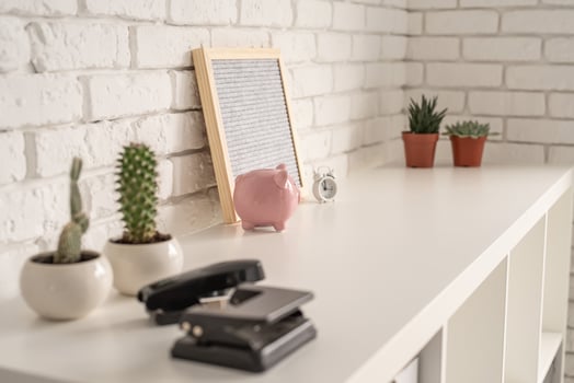 close up of office tools on the white shelf photo