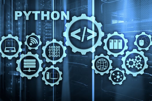 Python Programming Language on server room background. Programing workflow abstract algorithm concept on virtual screen photo