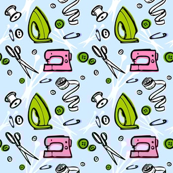 sewing kit set for fashion designer. tailoring atelier - vector seamless pattern. iron, sewing machine, scissors.