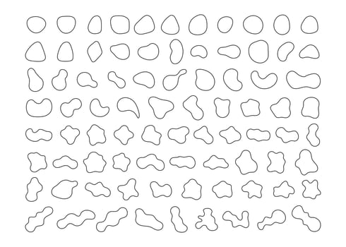 Organic abstract random blob shapes in minimal black line design. Fluid irregular forms elements outline. Liquid blotch silhouettes, amorphous frame water, creative bubble. Vector illustration
