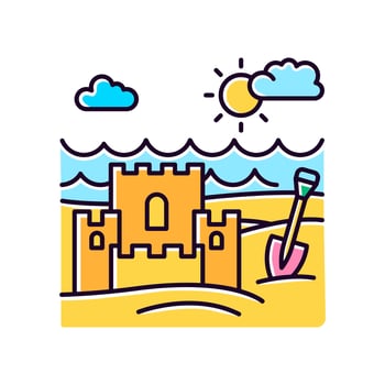 Ocean beach yellow RGB color icon. Marine shore. Sand castle. Maritime family vacation. Trip to exotic country. Isolated vector illustration