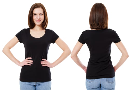 girl in stylish black t-shirt isolated on white background,copy space,blank photo