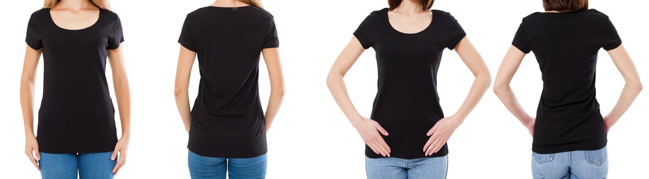Two woman in black t-shirt cropped image front and rear view, t-shirt set, mockup tshirt blank photo