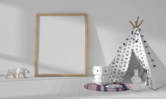 Kids Room, Play house, kids furniture with toy and frame mockup photo
