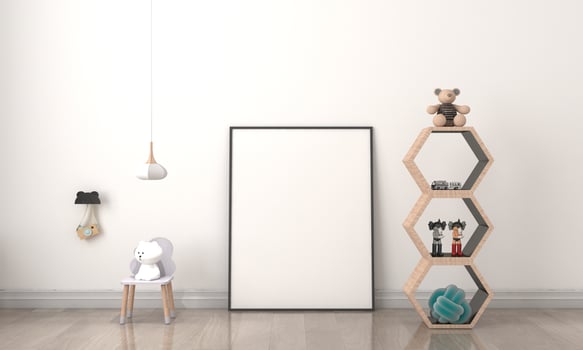Kids Room, Play house, kids furniture with toy and frame mockup photo