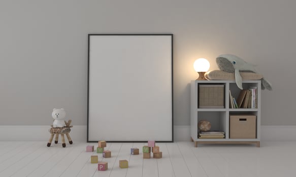 Kids Room, Play house, kids furniture with toy and frame mockup photo