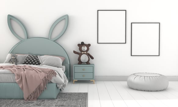 Kids Room, Play house, kids furniture with toy and frame mockup photo