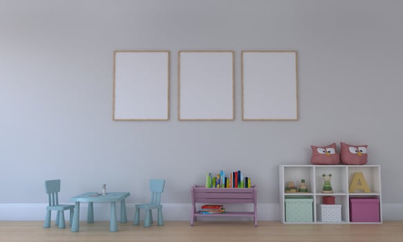 Kids Room, Play house, kids furniture with toy and frame mockup photo