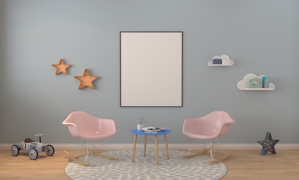 Kids Room, Play house, kids furniture with toy and frame mockup photo