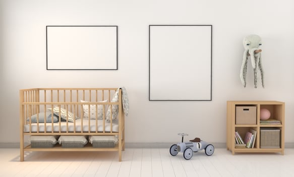 Kids Room, Play house, kids furniture with toy and frame mockup photo