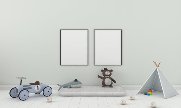 Kids Room, Play house, kids furniture with toy and frame mockup photo