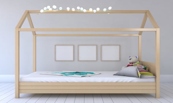 Kids Room, Play house, kids furniture with toy and frame mockup photo