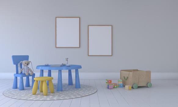 Kids Room, Play house, kids furniture with toy and frame mockup photo