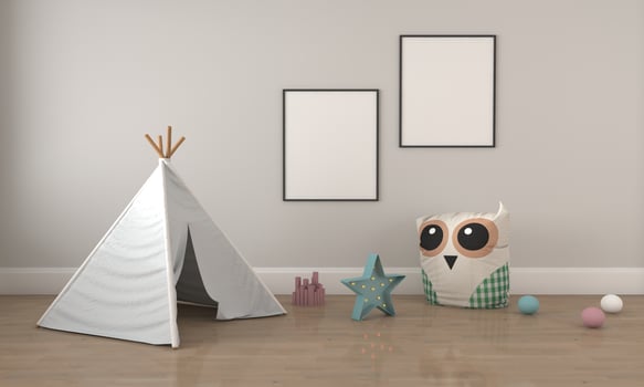 Kids Room, Play house, kids furniture with toy and frame mockup photo
