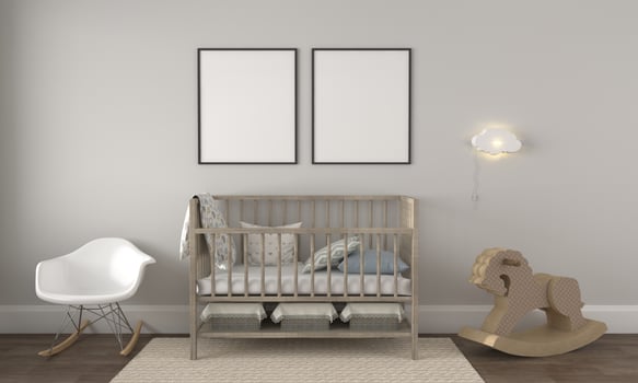Kids Room, Play house, kids furniture with toy and frame mockup photo