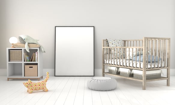 Kids Room, Play house, kids furniture with toy and frame mockup photo