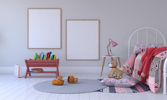 Kids Room, Play house, kids furniture with toy and frame mockup photo