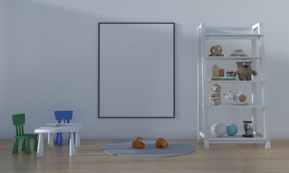 Kids Room, Play house, kids furniture with toy and frame mockup photo