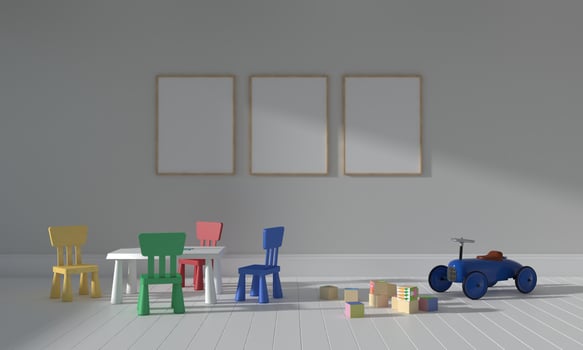 Kids Room, Play house, kids furniture with toy and frame mockup photo