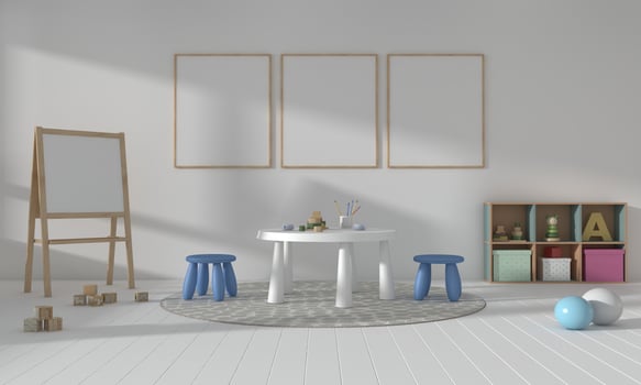 Kids Room, Play house, kids furniture with toy and frame mockup photo