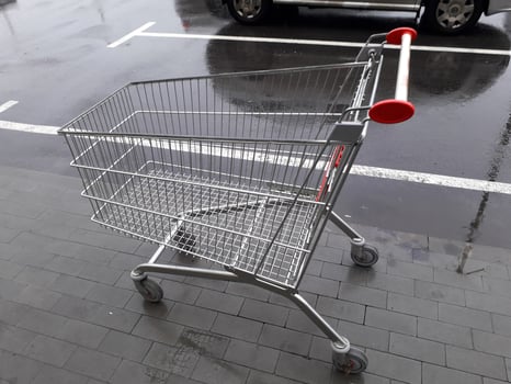 Carts for grocery products stand near a supermarket on the street photo