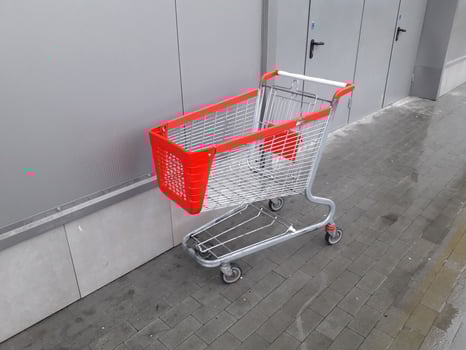 Carts for grocery products stand near a supermarket on the street photo