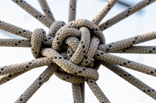 lots of ropes and a big knot against the blue sky photo