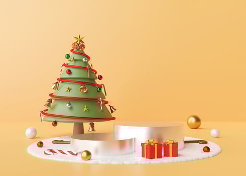 Merry Christmas, Podium with Christmas tree and ornaments on a snow floor, 3d rendering photo