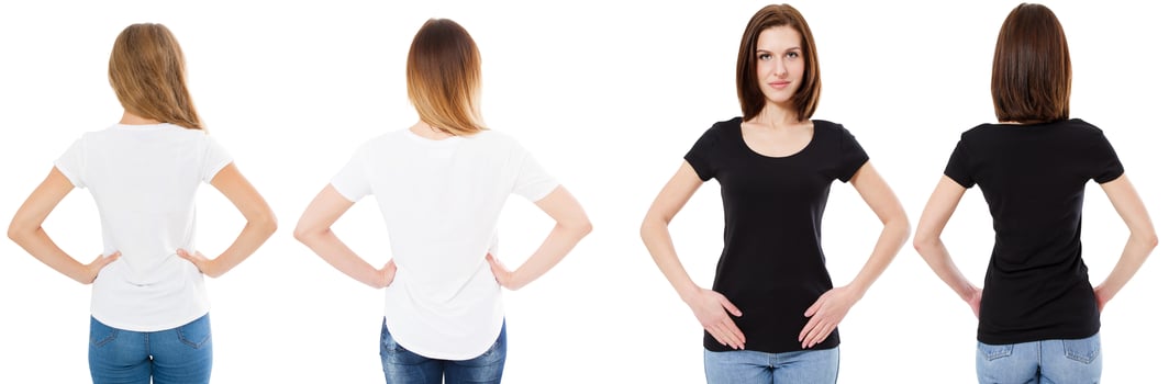 t-shirts set, front and back views woman in black and white tshirt, mock up, copy space, three women t shirt photo