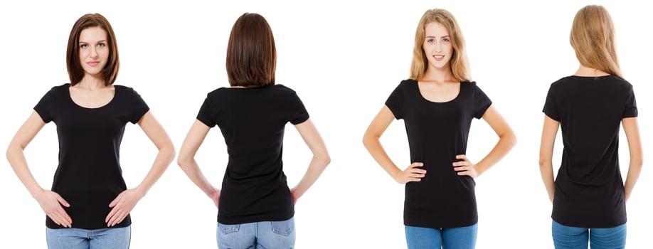 T-shirt set. Front and rear Brunette and Blonde in black t shirt isolated on white background. Two girl in blank shirt, Mock up, Collage, Copy space, Template photo