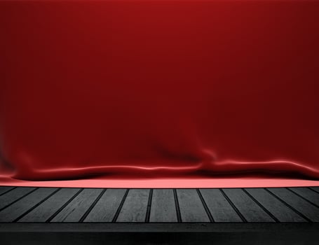 Wood table with red velvet cloth background photo