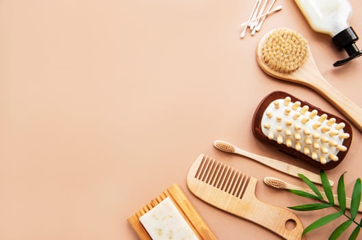 Zero waste natural cosmetics products on brown  background. photo