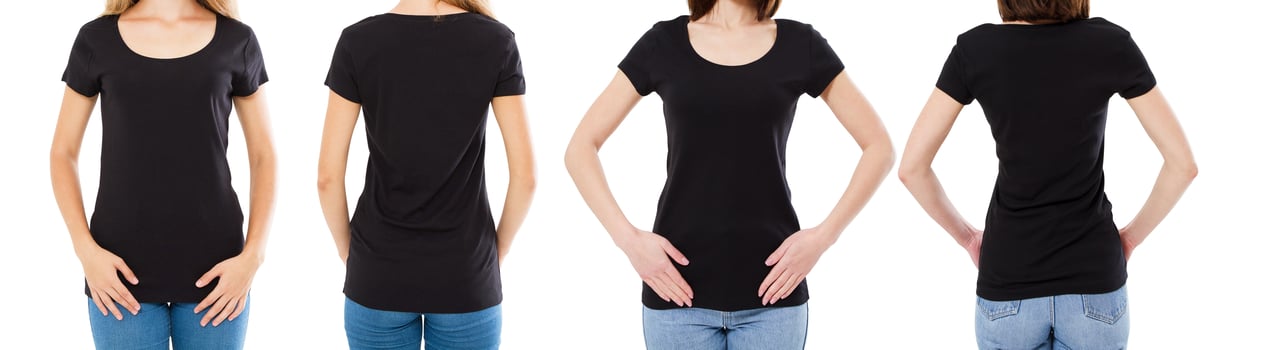 Two woman in black t-shirt cropped image front and rear view, t-shirt set, mockup tshirt blank photo