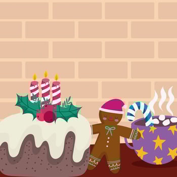 merry christmas cake with candle gingerbread man and chocolate cup vector
