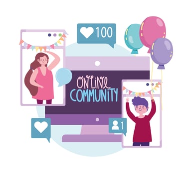 virtual party, online community celebrating event meeting vector