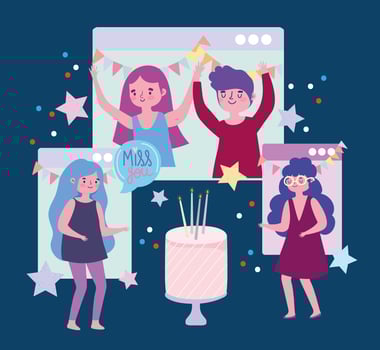 virtual party, people birthday celebration website connection vector