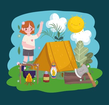 girl camping equipment outdoor vector