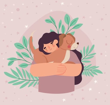 woman hugging brown puppy vector