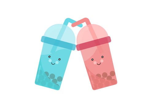 boba drink illustration in beautiful and bright blue and pink, and cute character's face vector