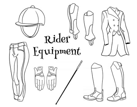 Outfit rider a set of clothes for a jockey boots pedjak pants whip helmet in line style coloring books. vector