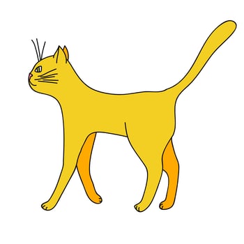 Hand drawn yellow cartoon walking cat isolated on white background. vector