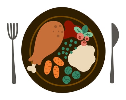 Vector plate with traditional Thanksgiving meal, fork and knife. Roast turkey with cranberry sauce, carrots, Brussel sprouts. Christmas or Thanksgiving festive food. Holiday meal illustration