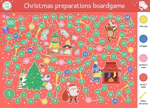 Christmas board game for children with cute animals and Santa Claus. Educational boardgame with fir tree, chimney, cookies. Holiday preparations worksheet. Funny winter printable activity. vector