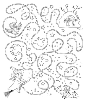 Halloween black and white maze for children. Autumn preschool printable educational activity. Funny day of the dead game or coloring page. Help the witch get to her hill vector