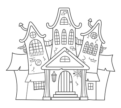 Vector haunted house black and white illustration. Halloween spooky cottage coloring page for kids. Scary Samhain party invitation or card design.