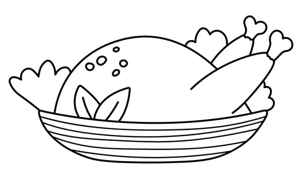 Vector black and white fried chicken or turkey on a plate. Christmas or Thanksgiving festive food. Holiday outline meal or coloring page isolated on white background