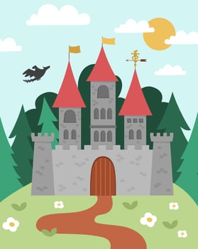 Vector fairytale landscape with castle on a hill. Fairy tale background. Magic kingdom picture. Scenery with medieval palace, towers, flags, trees, flying dragon. Fairy tale king house illustration