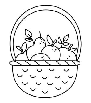 Vector black and white basket with apples, pears and leaves. Autumn outline garden clipart. Funny line fruit illustration isolated on white background. Fall season harvest icon or coloring page
