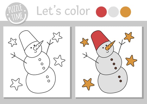 Christmas coloring page for children. Funny snowman. Vector winter holiday outline illustration with cute snow man and stars. New Year party color book for kids with colored example