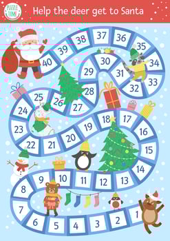 Christmas board game for children with cute animals and Santa Claus. Educational boardgame with fir tree, presents, decorations. Help the deer get to Santa. Funny winter printable activity. vector
